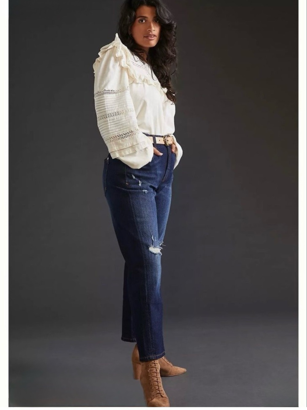 Anthropologie Pilcro The Borrowed High Waisted Dark Rinse Distressed Jeans.